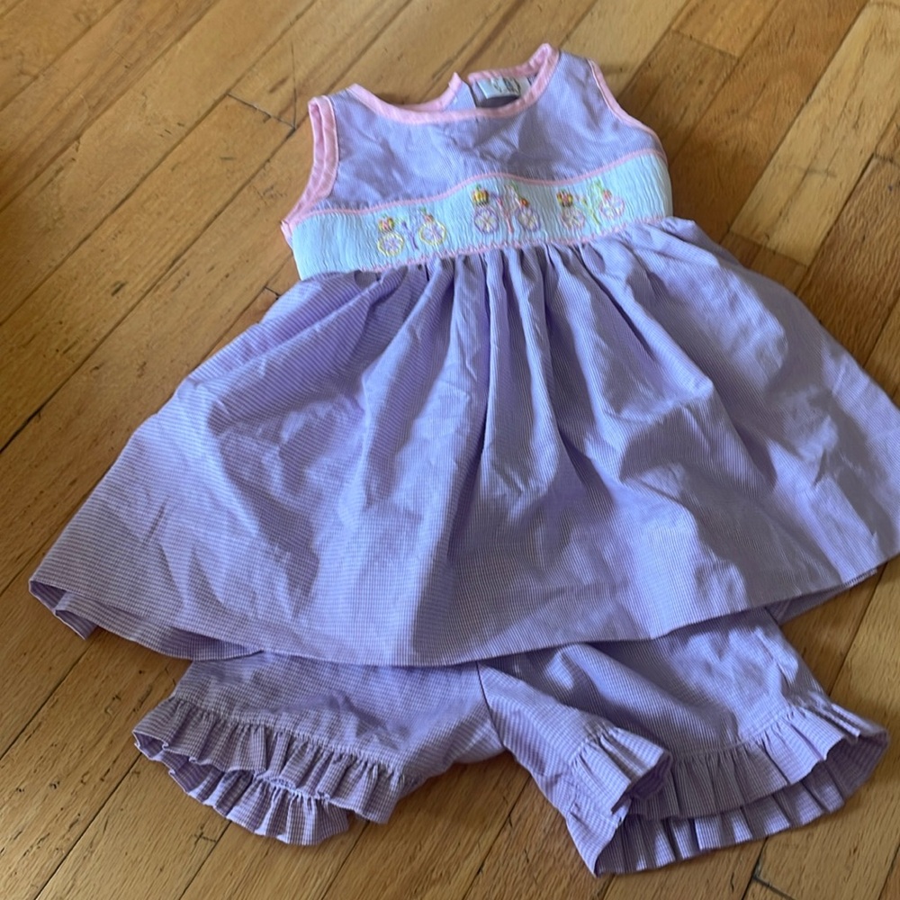 Purple smocked top and shorts